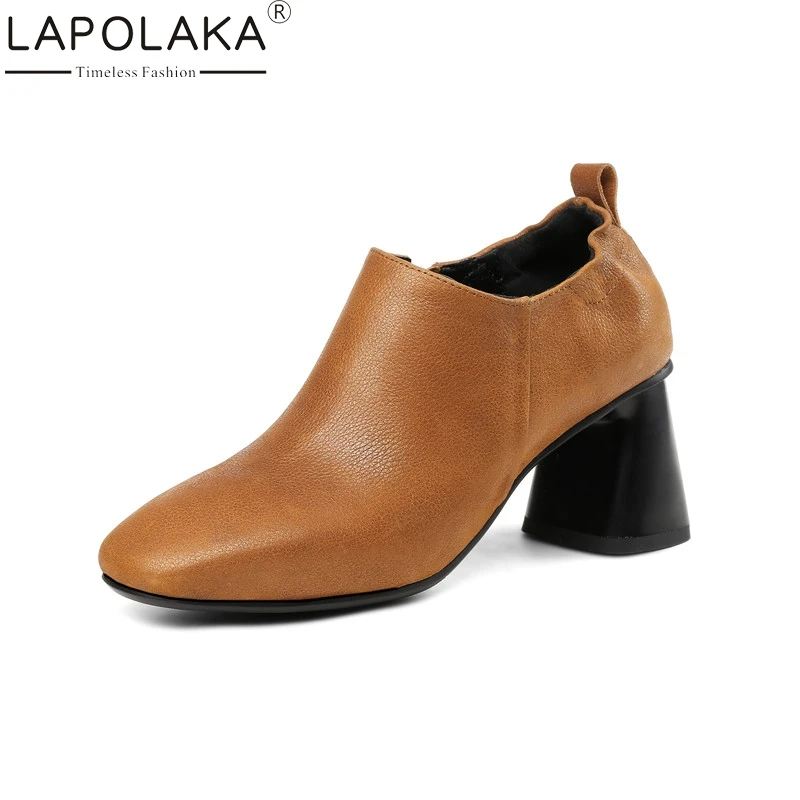 

LAPOLAKA Large Size 33-43 Cow Patent Genuine Leather Slip On Zipper Woman Shoes Square Toe Fashion High Heels Pumps