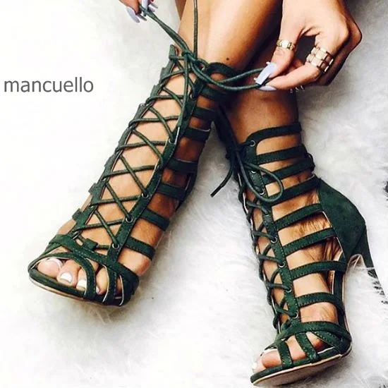

Irresistible Women Black Suede Thin high Heels Stylish Hollow Out Open Toe Sandals Cross Strap Decoration Lace Up Stiletto Heels