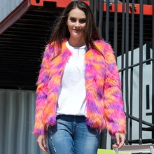 Разноцветное пальто с искусственным мехом радуги; сезон зима-Осень-зима; повседневные меховые куртки с длинными рукавами и круглым вырезом; женская теплая элегантная верхняя одежда; пальто; 3XL
