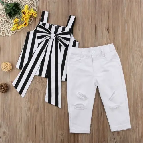 

Summer Sleeveless Cotton Tops Big Bow Striped Shirt Pants 2PCS Girl 2-7T Toddler Child Kids Baby Girls Clothes Set