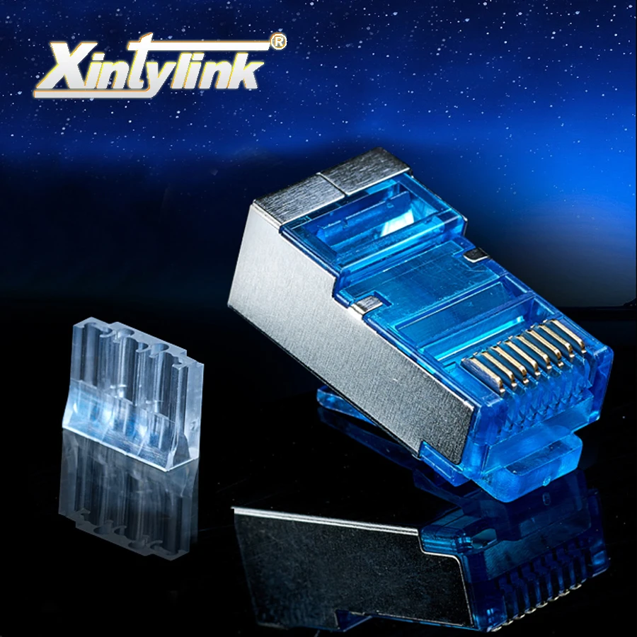 xintylink rj45 connector ethernet cable plug cat6 network gold plated 8P8C metal shielded male 8pin modular terminals blue 50pcs xintylink 50pcs rj45 connector rj45 plug cat6 network connector gold plated utp male 8p8c unshielded ethernet connector load bar