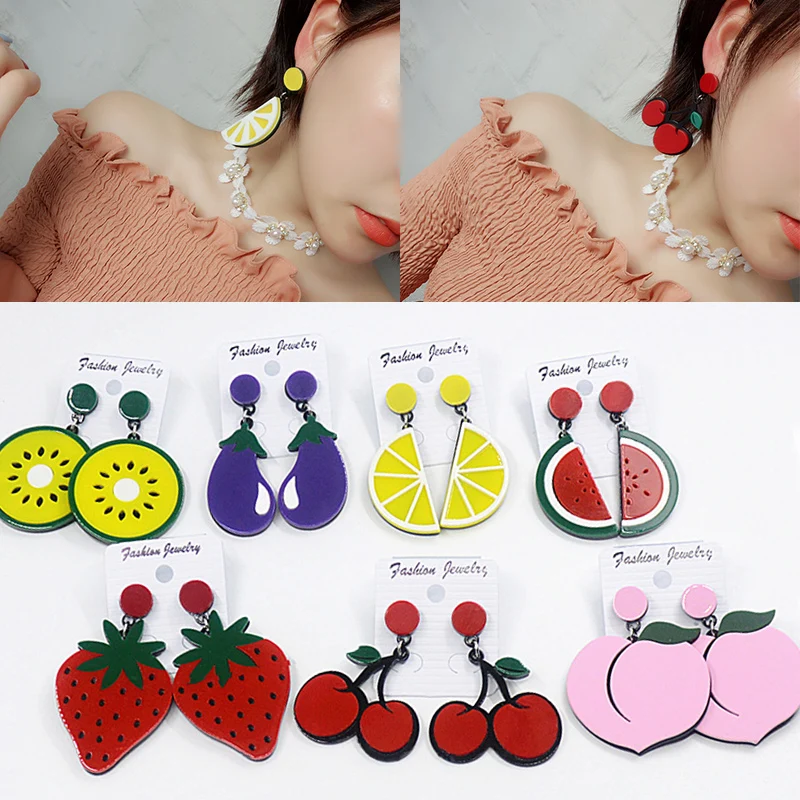 

Sale Acrylic Earrings For Women Watermelon Lemon Strawberry Summer Large-sized Exaggerated Cherry Earrings