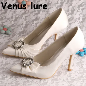 

Pointed Ivory Satin Wedding Shoes for Bride High Heel Applique Female Evening Pumps