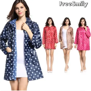 

FreeSmily Women Rain Coat Waterproof Outdoor Outerwear Hooded Cover Dot Pockets Knee Length Raincoat