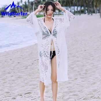 

WildSurfer White Beach Dress Long Sunscreen Lace Embroidered Cardigan Sexy Bikini Cover Up Bathing Suit Blouse Beach Coat Summer