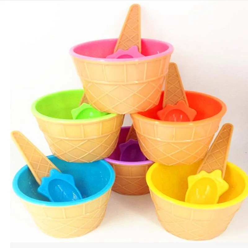 

6 Patterns Ice Cream Tool Cup High Quality Plastic PS Bowl with Spoon Tools for Children Birthday Party Supplies Wholesale