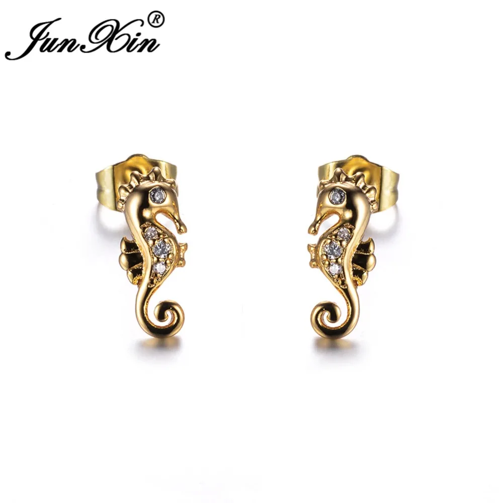 JUNXIN милые животное, гиппокампус серьги стержня для Для женщин 925 пробы Серебряная роза Золото Заполненные Кристалл CZ свадебные серьги Seahorse