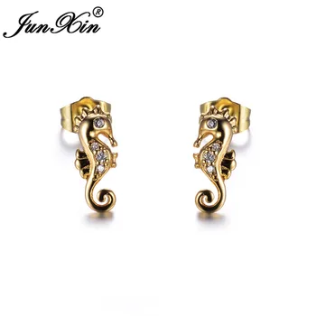 

JUNXIN Cute Animal Hippocampus Stud Earrings For Women White Gold Filled Rose Gold Filled Crystal CZ Wedding Seahorse Earrings