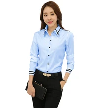 Женская мода белый синий длинный рукав отложной воротник формальная рубашка женская элегантная рубашка Топы офисные блузки CO1