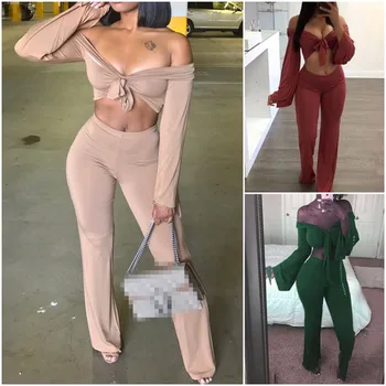 

2018 Summer Hot 2 Two Piece Set Women Long Sleeve Solid Shirt Top Blouse and Long Pants Two-Piece Outfit conjunto feminino