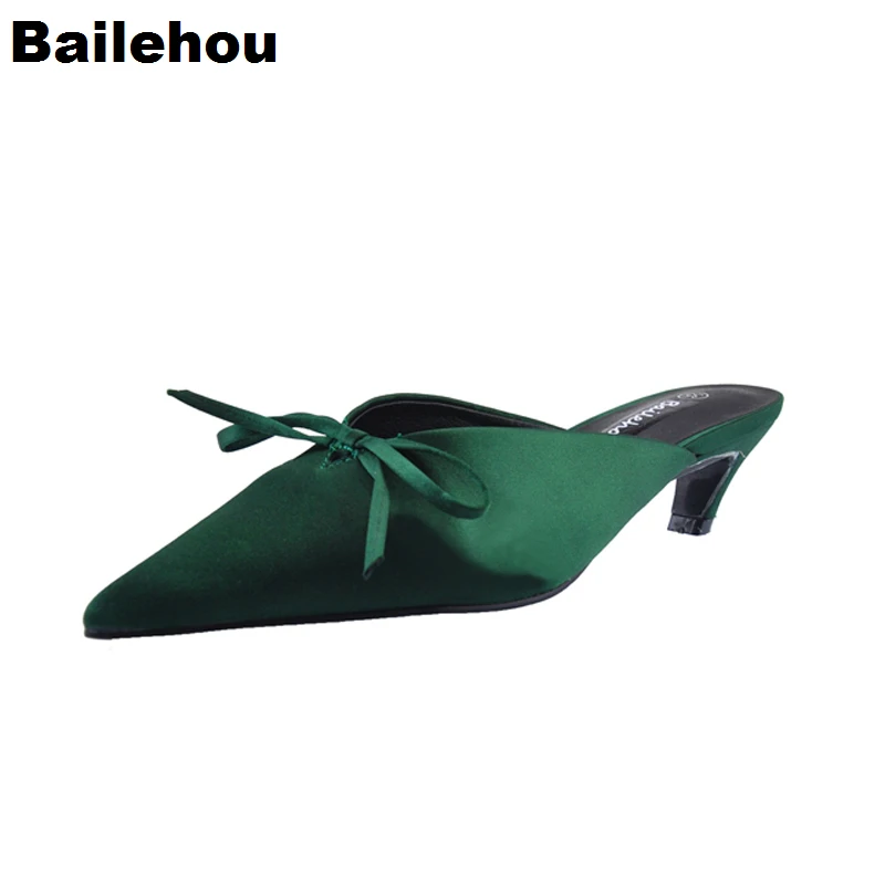 

Bailehou Spring Autumn New Women Slippers Silk Bow Women Shoes Pointed Toe Butterfly Knot Heels Slip On Sandals Ladies Shoes