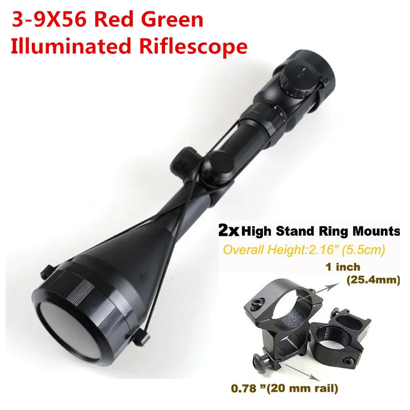 

3-9x56 Rifle Scope Red and Green Illuminated Optics Military Sniper Hunting Riflescope with 11 Rail Mounts for Air Gun