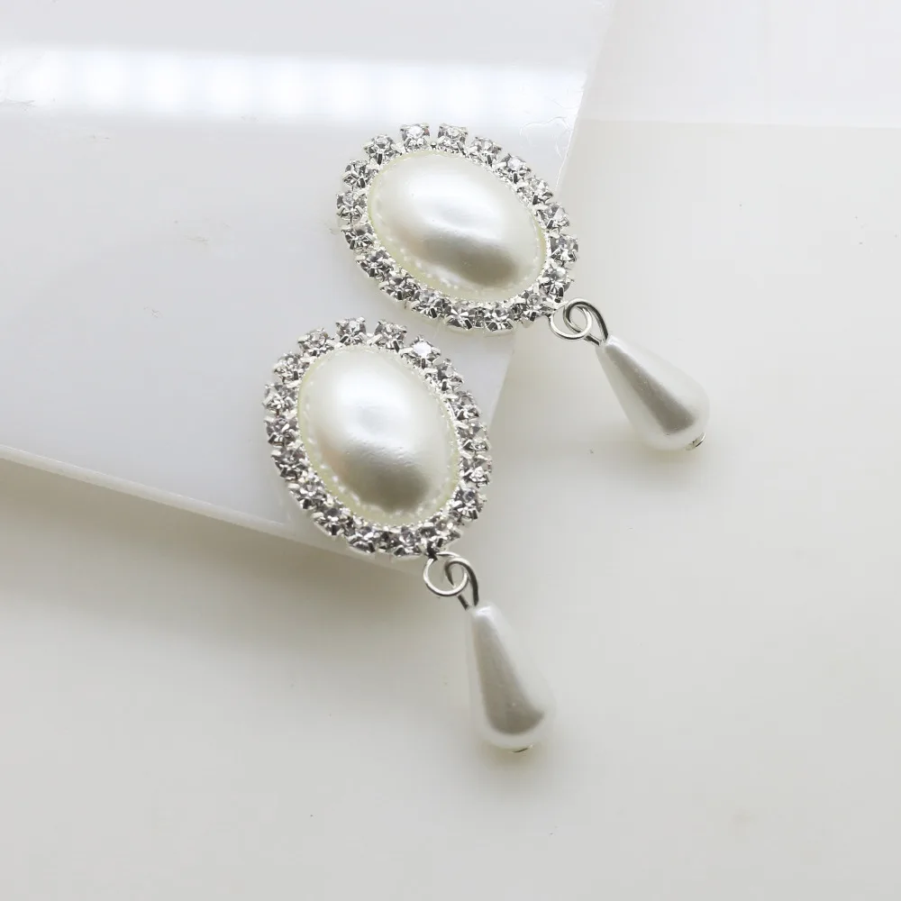 

new 5pc / 10pc 45*25mm Silver White Pearl Rhinestone buttons Flat back clothing metal button DIY Wedding Accessories.