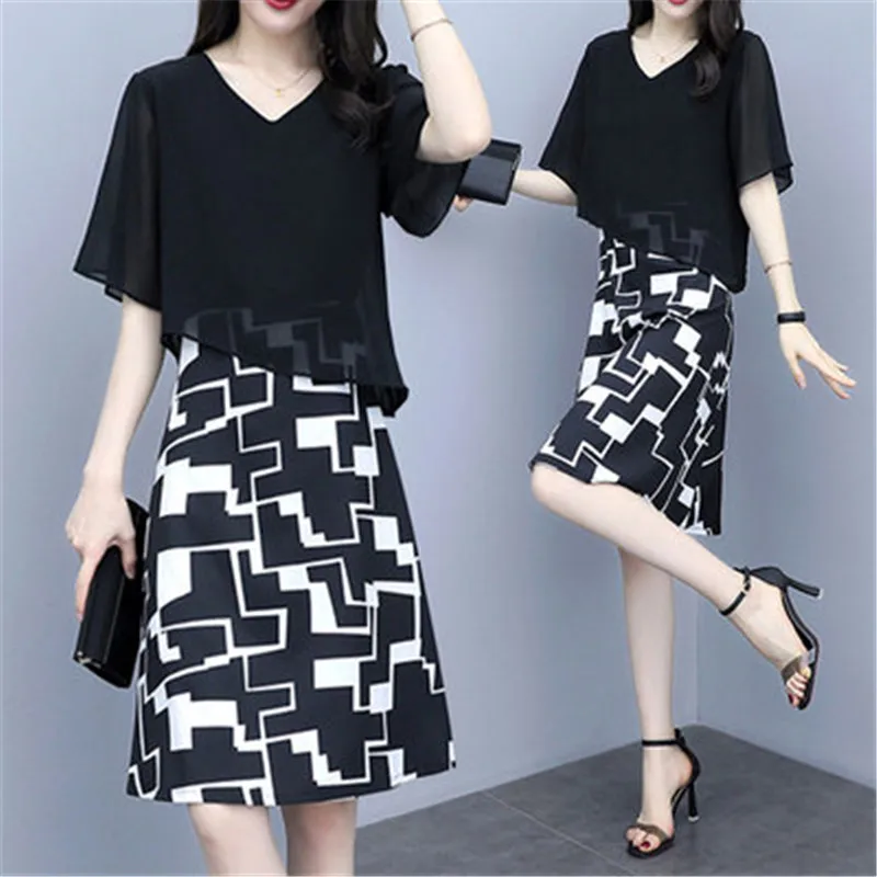 

2019 New Women's Stripe splicing Summer Dress elegant ladies Large Size 5XL Short Sleeve Fake Two Pieces Slim Chiffon Dress X829