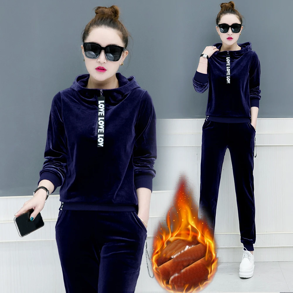

Velvet Suit Women Pants Hoodies Top Plus Size Large Warm 2 Piece Set Outfit Tracksuit Sportswear Co-ord Set 2019 Winter Clothing