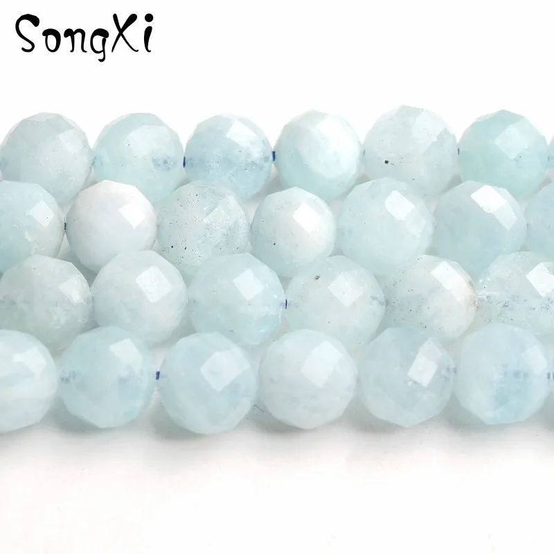 

Size 8mm 7.5'' Faceted Natural Aquamarines Blue Round Loose Stone Beads DIY Bracelet Necklace For Jewelry Making Wholesale