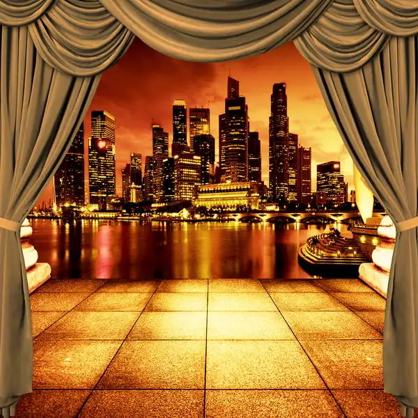 Night New York City Skyline River Curtain backdrops Vinyl
