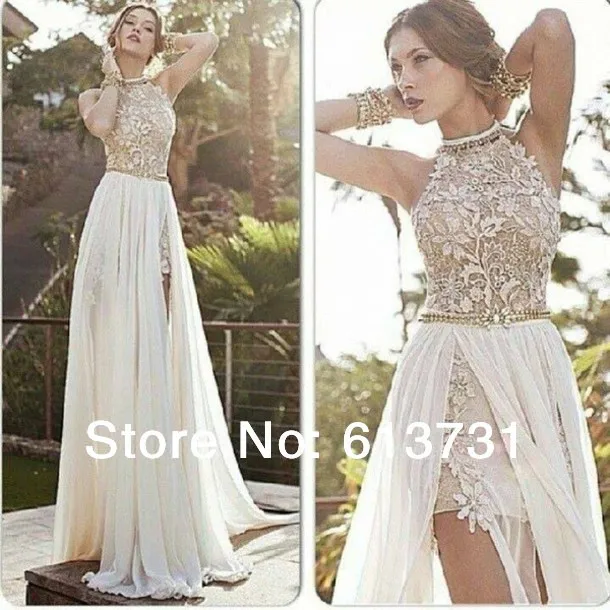 

2014 New Arrival Sexy White Chiffon Beaded Appliques Lace Prom Dresses Long Halter Side Slit Spring Evening Party Gown BO5557