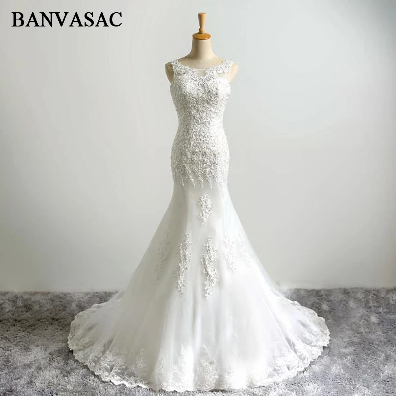 BANVASAC 2017 Новое Элегантное свадебное платье с вышивкой и круглым вырезом без