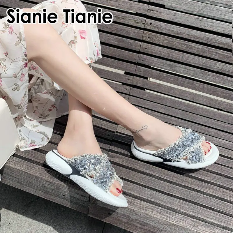 Sianie Tianie/женские Вьетнамки Сезон лето Блестящие женские туфли на плоской подошве