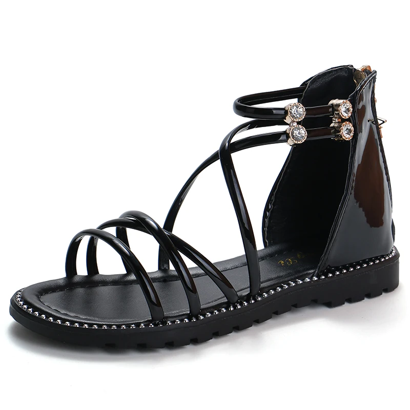 

Bekamille Sandals For Girls Children's Shoes Rhinestone Roman Zipper Cross High Shoes Princess Soft Bottom Beach