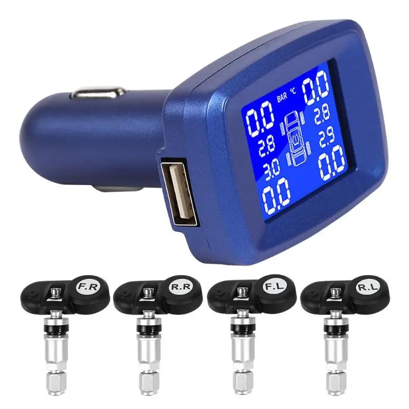 ЖК-дисплей Автомобильный TPMS прикуриватель заглушка система контроля давления в шинах с 4 внутренними датчиками/внешними датчиками