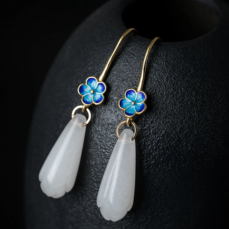 

Pure white jade magnolia enamel earrings 925 sterling silver drop earrings noble temperament simple design vintage women jewelry