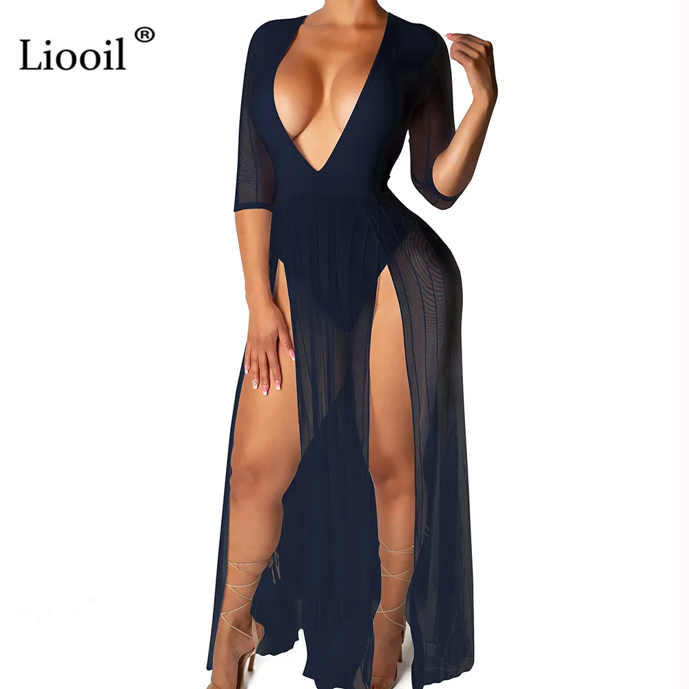 Dark Blue Liooil прозрачное Сетчатое сексуальное Макси платье с разрезом женская одежда Высокая талия Клубное платье с v-образным вырезом черный плюс размер вечерние длинные платья - Цвет: Dark Blue