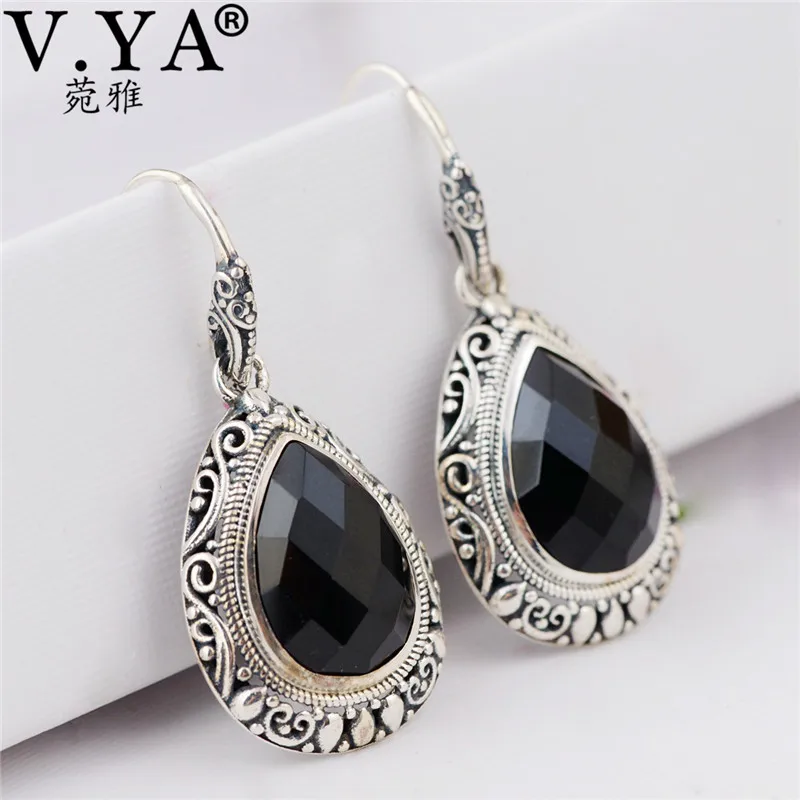 V.YA Natural Black Stone Earrings 925 Sterling Silver Drop Earrings Ear Hook Vintage Thai Silver Jewelry Christmas Gift V.YA Natural Black Stone Earrings 925 Sterling Silver Drop Earrings Ear Hook Vintage Thai Silver Jewelry Christmas Gift