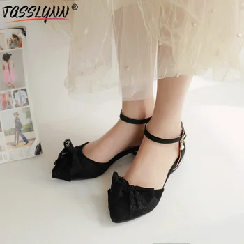 

TASSLYNN 2019 Pointed Toe Ankle Strap Women Pumps Elegant Wedding Women Shoes Bow Tie Square Med Heels Summer Shoes Big Size 43