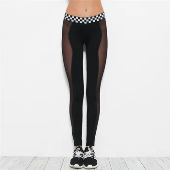 

2019 New Women Black Mesh Patchwork Leggins Casual Slim Fit Checkerboard Pattern Plaid Waist Workout Leggings for Women