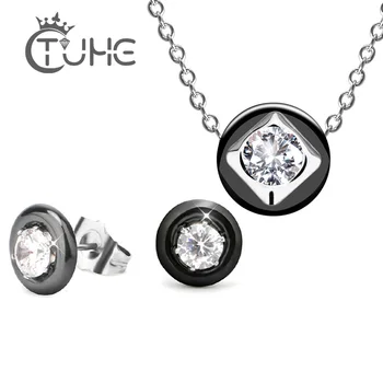 

Big Carat Crystal Wedding Jewelry Set For Women Stainless Steel Ceramic Stud Earrings & Neck Necklace Wedding Engagement Jewelry