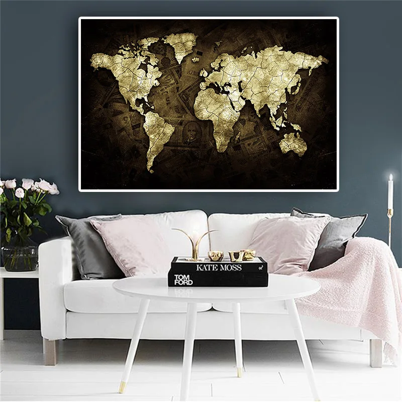 

World Map on Money Poster Black and White Posters and Prints Canvas Painting Scandinavian Nordic Art Wall Picture for Kids Room