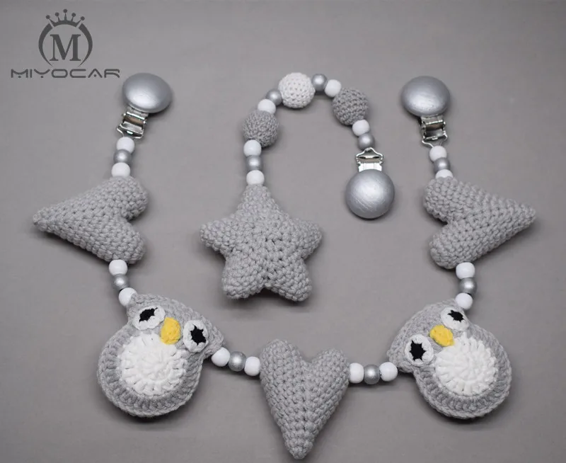 

MIYOCAR handmade wood clip gray Crochet owl and heart stroller toy chain for pram stroller mobile rattle wooden bead crochet