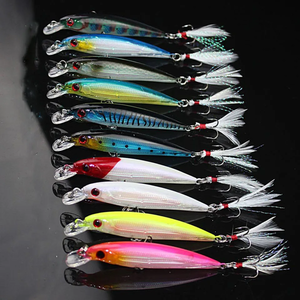 10PCS/lot 9CM/8G Lure Kit fish tackle artificial hard bait plastic lures swimbait wobbler feather Minnow Fishing lure | Спорт и