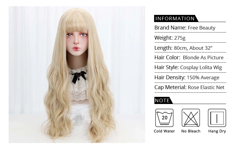 3" блонд косплей Лолита парик с челкой длинные волнистые синтетические волосы Косплей Костюм парик для женщин Лолита парик высокотемпературное волокно
