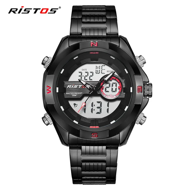 BLACK RED RISTOS Универсальный Аналоговый наручные часы Человек Спорт часы хронограф цифровой мужской моды Relojes Masculino Hombre 9369 - Цвет: BLACK RED