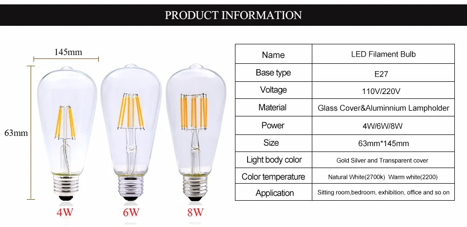 Dimmbale E27 Led Edison лампы 110 V 220 V Винтаж удара нити накаливания ST64 Стекло основа Bombillas Led 8 W 6 W 4 W Home Art декор свет