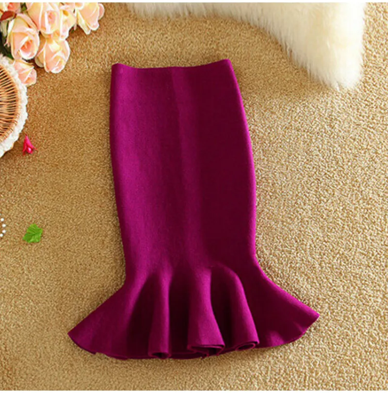 Женская вязаная юбка миди для офиса, черные вечерние юбки с высокой талией и рюшами, Осень-зима
