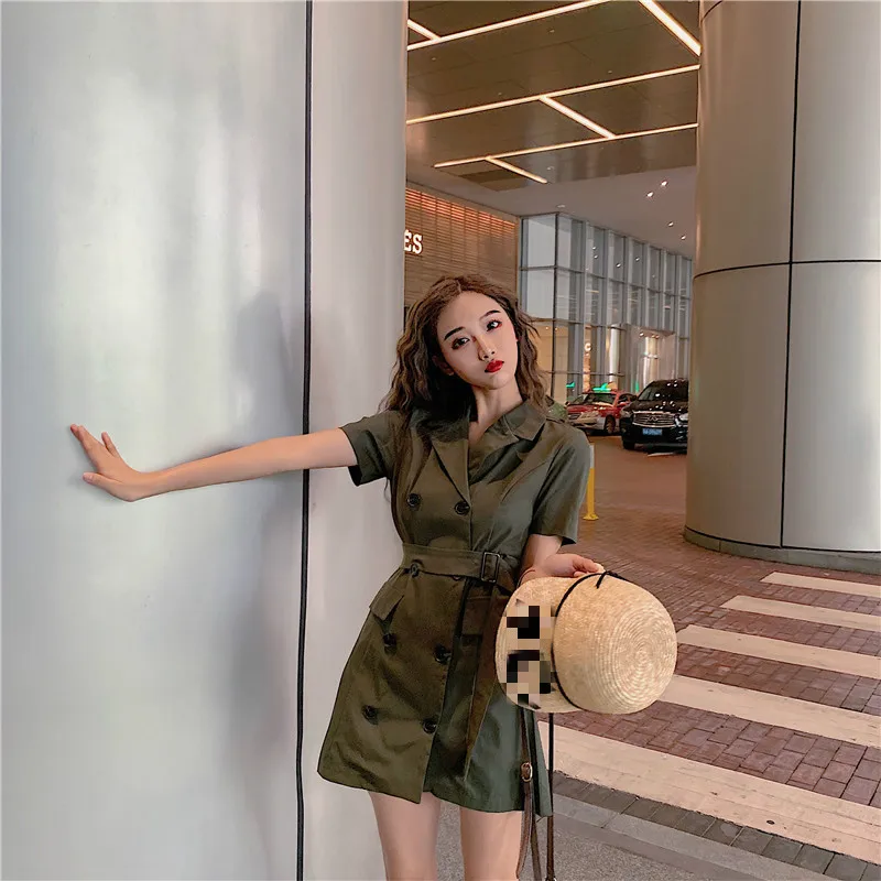 summer new Harajuku Safari Korean style slim mini-dress fashion Women's clothing notched button sashes pockets dresses female