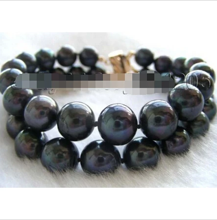 

8" Double Natural 11mm Black Round Pearl Bracelet 14k! Noble style Natural Fine jewe Fast (D) SHIPPING