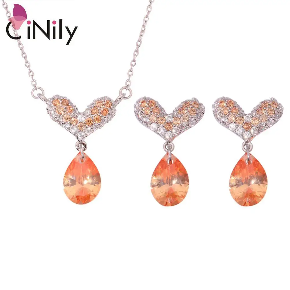 Morganite Гранат Кубического циркония Посеребренные сердце для Для женщин jewelry Цепочки и ожерелья подвеска Серьги комплект ювелирных изделий nt201-202 - Окраска металла: NT201