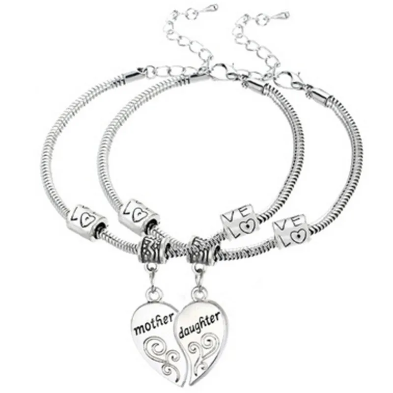 

2Pcs/set Mother Daughter Broken Splicing Heart Bracelet Bangle Silver Plated Mom Women Girl Femme Statement Bracelet Jewelry