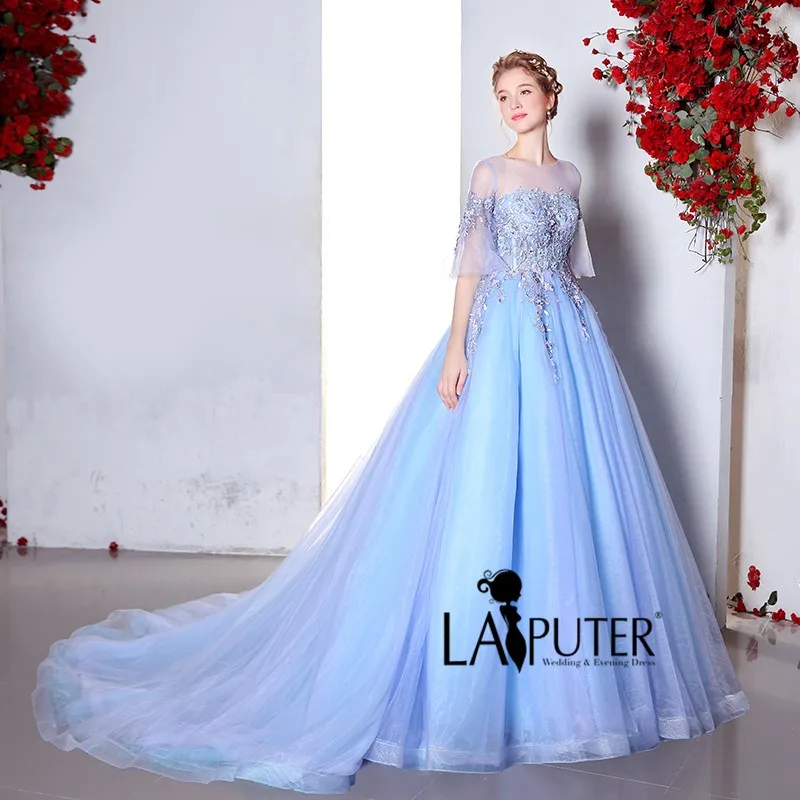 Платье с настоящим фото De Festa Vestido de Novia светло-Голубое Бальное Платье с коротким рукавом Пышное вечернее платье выпускного вечера
