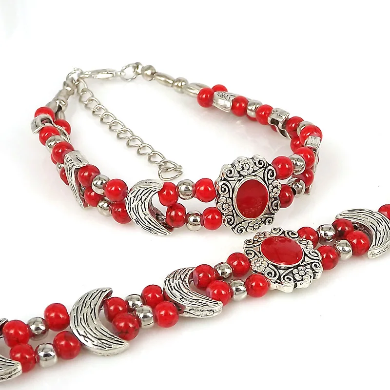 

Olaru Fashion jewelry Romantic Moon Charm Bracelets Bangles Antique stone Double Bead Bracelets For Women Pulseira Feminina