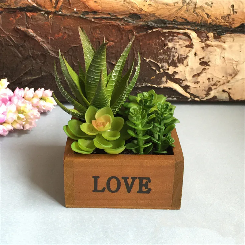 LOVE simulation plant meat bonsai desktop creative Simulation cactus+ wood flowerpot green plant pot flower decoration office