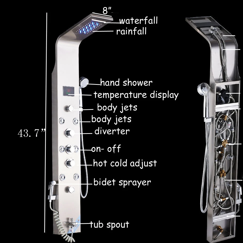 Bathroom Shower Panel Column Brushed Nickel LED Rain waterfall Shower Panel 6 Functions 2 massage Big display With Bidet Taps