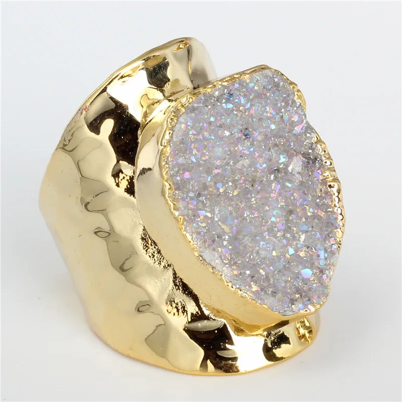 Роскошная натуральная туманная серая грубая Друза Кристалл полудрагоценный камень Чистый золотой цвет металлическая основа чеканное Открытое кольцо манжета для женщин