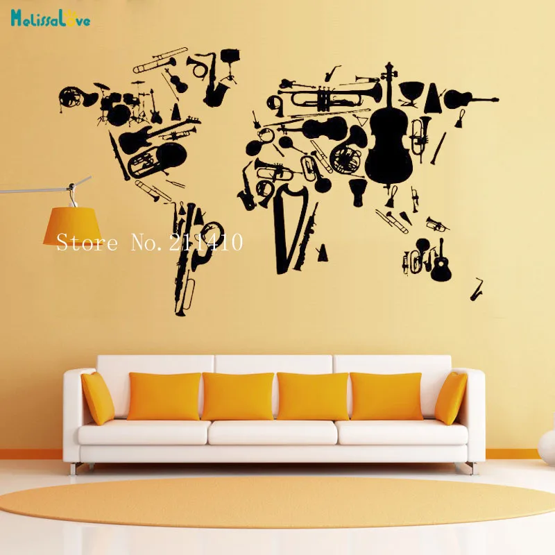 

Music Instruments World Map Vinyl Wall Sticker Large Decals Home Decor For Living Room Removable Novel Design Art Murals YT719