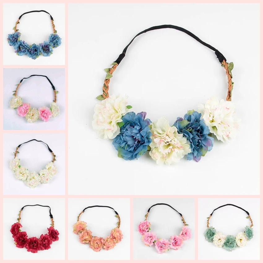 

Wholesale20pcs/lot Women Bohemia Beach Peony Flower Headband Scrunchy Hairband Wreath Flora Adjustable Headband Hair Accessories